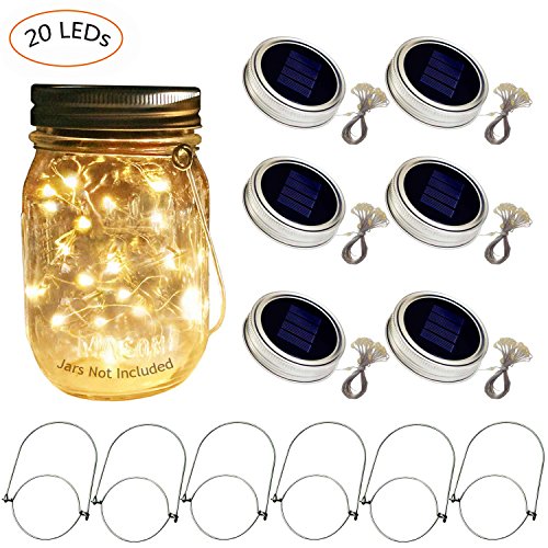 Solar Mason Jar Lid Lights, 6 Pack 20 Led String Fairy Star Firefly Jar Lids Lights,6 Hangers included(Jars Not Included), Best for Mason Jar Decor,Patio Garden Decor Solar Laterns Table Light