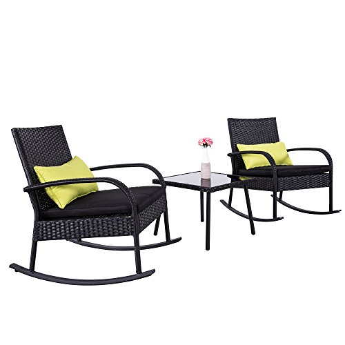 Cloud Mountain Outdoor 3 Piece Rocking Chair Set Wicker Rattan Bistro Set Wicker Furniture – Two Chairs with Glass Coffee Table, Black Cushion with Black Rattan