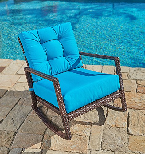 Suncrown Outdoor Furniture Teal Patio Rocking Chair | All-Weather Wicker Seat with Thick, Washable Cushions, Velcro Straps | Backyard, Pool, Porch | Smooth Gliding Rocker with Improved Stability