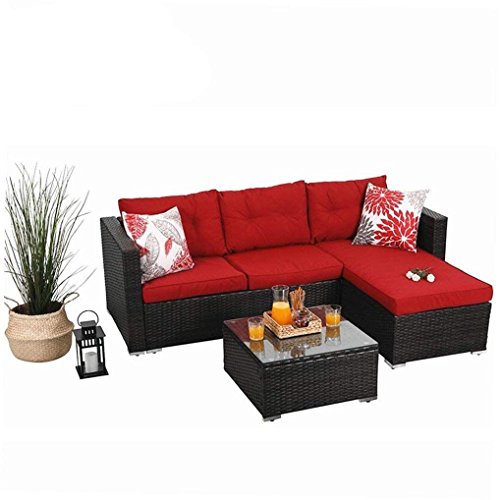 PHI VILLA 3-Piece Outdoor Rattan Sectional Sofa- Patio Wicker Furniture Set, Red