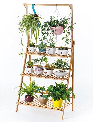 Bamboo 3-Tier Hanging Plant Stand Planter Shelves Flower Pot Organizer Storage Rack Folding Display Shelving Plants Shelf Unit Holder