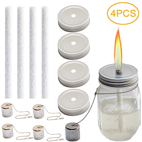 Mason Jar Tiki Torch Kit, tiki torches, Includes 4 Long Life Wicks, 4 Lids and 4 Caps – Just add Mason Jars & Fuel for Outdoor Lighting