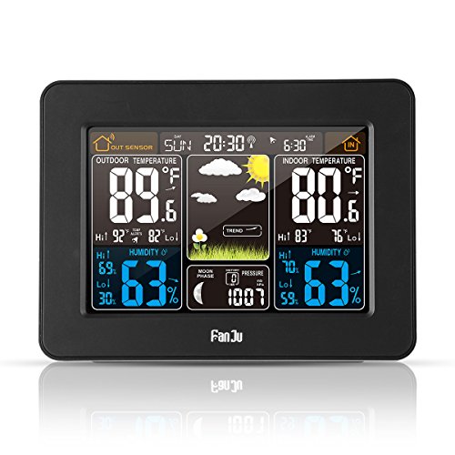 FanJu FJ3365B Digital Color Forecast Weather Station with Alert and Temperature/Humidity/Barometer/Alarm/Moon phase/Weather Clock with Outdoor Sensor