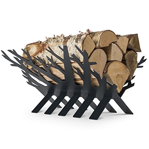 Rustic Fireplace Log and Wood Holder – Indoor, Outdoor, Patio – Gunmetal Grey Decorative Holders – Weather- Resistant Storage Rack For Firewood and Kindling – Artistic Tree Design
