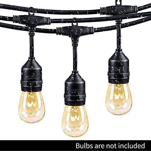 48Foot Outdoor Weatherproof String Lights with 24 Hanging Sockets, Commercial Grade Heavy Duty Light Strand for Patio, Porches, Pergolas, Bistro, Black Wire (Bulbs Not Included)