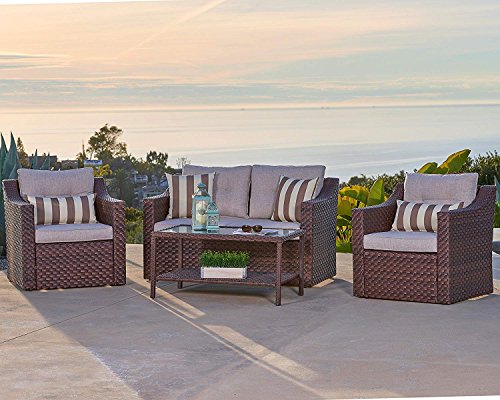 Solaura Outdoor Fully Woven 4-Piece Conversation Furniture Set All Weather Brown Wicker Beige Cushions & Sophisticated Glass Coffee Table