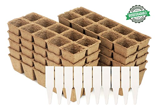 Peat Pot Seedling Starter Trays | Seed Germination Kit – Organic Biodegradable Pots 100% Eco-Friendly Enhance Aeration | BONUS 10 Plastic Plant Markers – 100 Cell Pack