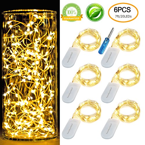 [6-PACK] 7Feet Starry String Lights,Fairy Lights Battery Operated with 20 Micro Leds On Silvery Copper Wire. 2pcs CR2032(Incl), Works for Wedding Centerpiece,Party,Table Decorations(Warm White)