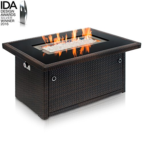 Outland Living Series 401 Brown 44-Inch Outdoor Propane Gas Fire Pit Table, Black Tempered Glass Tabletop w/Arctic Ice Glass Rocks and Resin Wicker Panels, Espresso Brown/Rectangle