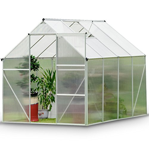 Giantex Walk-In Greenhouse Plant Growing Tent Large Green Garden Hot House with Adjustable Roof Vent, Rain Gutters Heavy Duty Polycarbonate Aluminum Frame (6.2’L x 8.2’D)