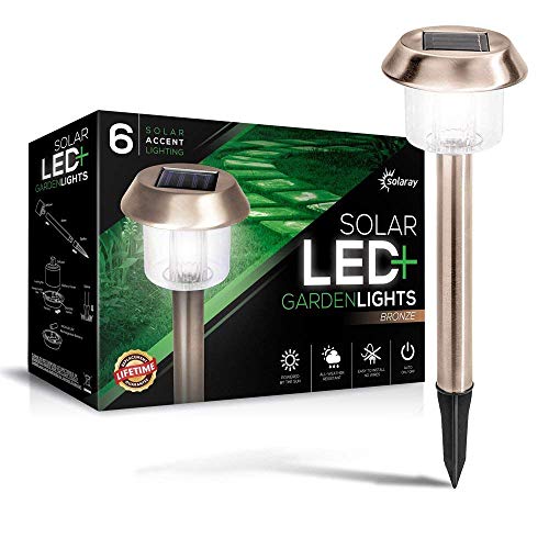 Solar-Powered LED Bronze Garden Lights, Lifetime Replacement Guarantee’, Perfect Neutral Design; Makes Garden Pathways & Flower Beds Look Great; Easy NO-Wire Installation; Weather Resistant.