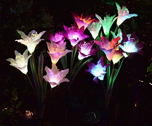 [4 Pack] Solar Lights Outdoor – Solar Garden Lights with 16 Lily Flowers | Color Changing LED Solar Stake Lights for Garden, Patio, Path, Backyard