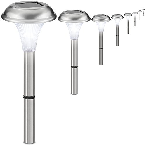 Solar Garden Lights – 8 Set. Beautiful Brushed Stainless Steel. Easy NO WIRES Install. Transform Your Garden Path Yard & Driveway. All Weather, Stylish Design & 1 Foot Tall!