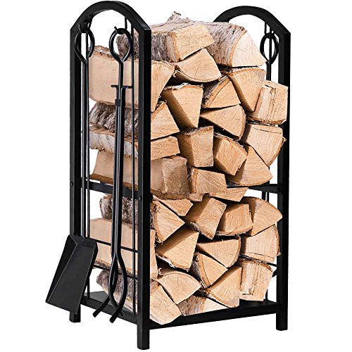 Fireplace Log Rack with 4 Tools Indoor Outdoor Fireside Firewood Holders Lumber Storage Stacking Black Wrought Iron Logs Bin Holder for Fireplace Tool set Brush Shovel Poker Tongs 15.8 x 29.1 x 11.8in