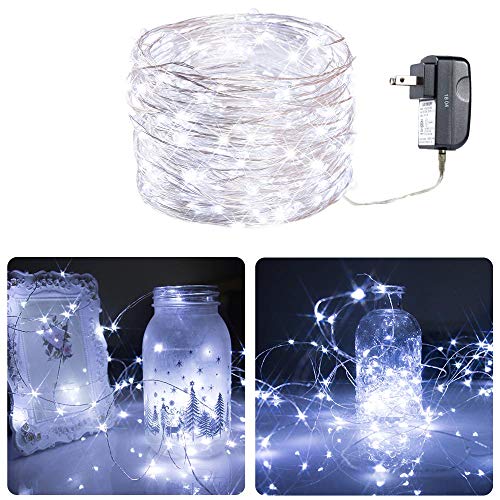 Micro 100 Pure White LED Starry Lights Plug In on 32 Ft Long Silver Ultra Thin String Wire [NEWEST VERSION] , Power Adaptor Included, Perfect For Creating Instant Appeal in Any Setting – Parties, Bedrooms, or an Intimate Environment Anywhere in the Home, Waterproof LEDs, 100% Products Satisfaction Guarantee