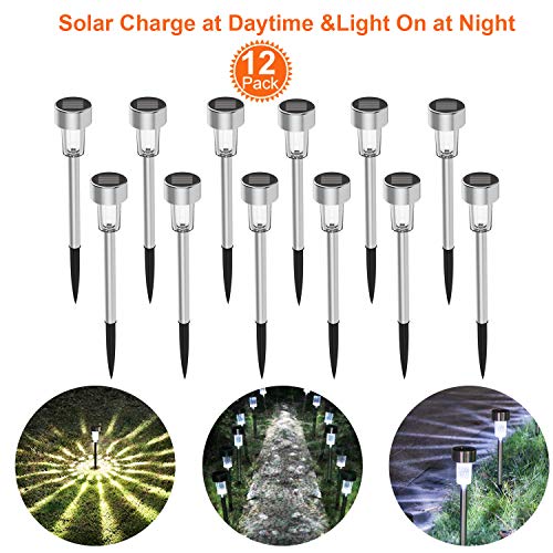 Solar Lights Outdoor Solar Driveway Lights 12Pack Stainless Steel LED Solar Pathway Lights Solar Lawn Light for Lawn Patio Yard Walkway Driveway Warm White -FT (White)