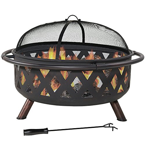 Sunnydaze Large Crossweave Outdoor Fire Pit with Spark Screen and Poker, Wood Burning Patio Firepit Bowl, 36 Inch, Black