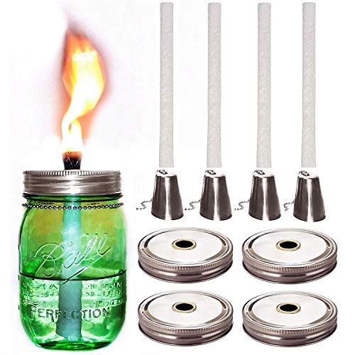 Mason Jar Tiki Torch Kits,4 Pack Regular Mouth Lids,4 Long Life Torch Wicks and Caps Included,Oil Fuel Lamps for Patio Table Top Torch Lantern(No Jar)