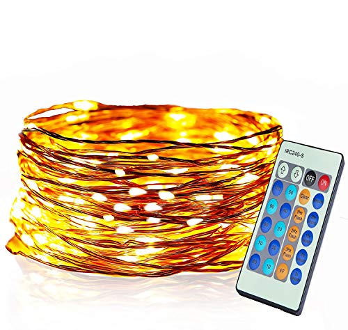 Aolun LED String Lights with Remote,Fairy Lights 33ft 100LEDs,Waterproof Decorative String Lights Outdoor&Indoor for Bedroom,Patio,Garden,Backyard,Party,Christmas-Warm White,Copper Wire Lights(New)