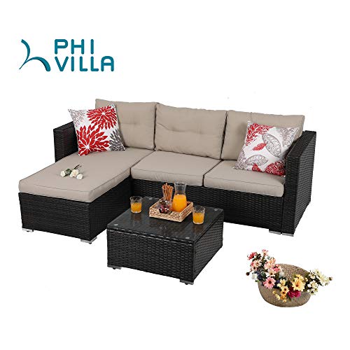 PHI VILLA 3-Piece Patio Furniture Set Rattan Sectional Sofa Wicker Furniture (Beige)