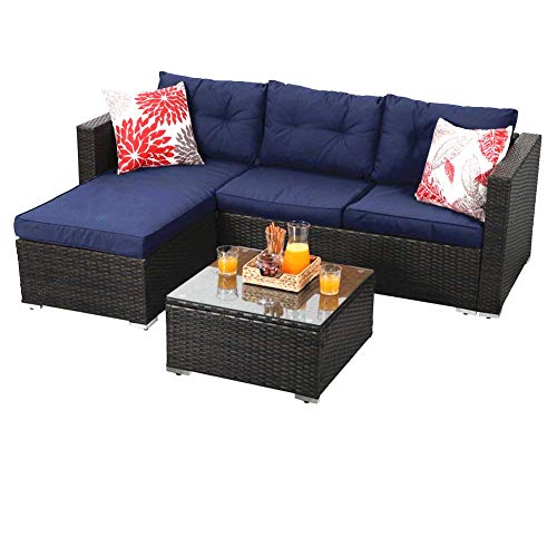 PHI VILLA Outdoor Rattan Sectional Sofa- Patio Wicker Furniture Set (3-Piece, Blue)