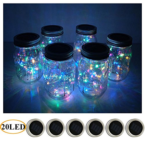 6 Pack Mason Jar Lights 20 LED Solar Colorful Fairy String Lights Lids Insert for Patio Yard Garden Party Wedding Christmas Decorative Lighting Fit for Regular Mouth Jars