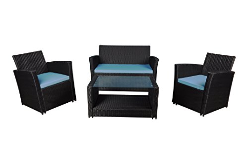 Modern Outdoor Garden, Patio 4 Piece Set – Wicker Sofa Furniture Set (Black/Blue)