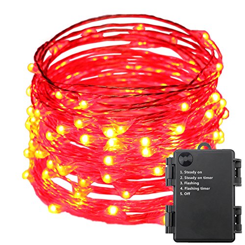 ER CHEN(TM) Indoor and Outdoor Waterproof Battery Operated 100 LED String Lights on 33 Ft Long Ultra Thin Copper String Wire with Timer (Red)