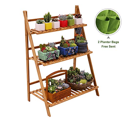 Ufine Bamboo Wood Ladder Plant Stand 3 Layer Foldable Flower Pot Display Shelf Rack for Indoor Outdoor Home Patio Lawn Garden Balcony Holder (Multi-Functional, Planter Pocket Bag Sent)