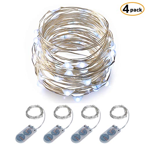 ITART Micro LED String Lights Battery Powered Set of 4 Cool White Mini Light 20 LEDs / 6 Feet (2m) Ultra Thin Silver Wire Rope Lights for Christmas Trees Wedding Parties Bedroom