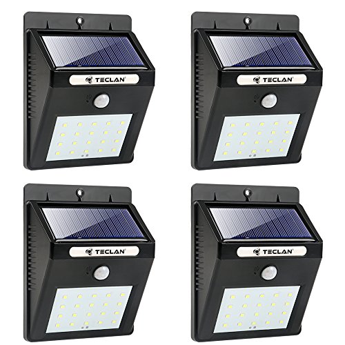 Teclan Solar Lights, 20 LED Wireless Waterproof Solar Motion Sensor Light, Outdoor Security Night Light for Garden, Yard, Wall, Patio, Deck, Steps with Motion Activated Auto On/Off (4-pack)