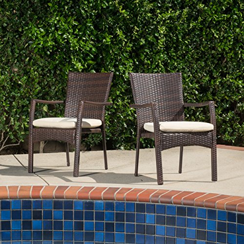 Melba Outdoor Brown Wicker Dining Chair with Beige Cushion (set of 2)