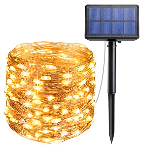 AMIR Solar Powered String Lights, 33ft Copper Wire Lights,100 LED Starry Lights, Indoor/Outdoor Waterproof Solar Decoration Lights for Gardens, Home, Dancing, Party (Warm White)