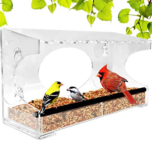 Nature Gear XL Window Bird Feeder – Extended Roof – Steel Perch – Sliding Feed Tray Drains Water – See Wild Birds Up Close! – Large