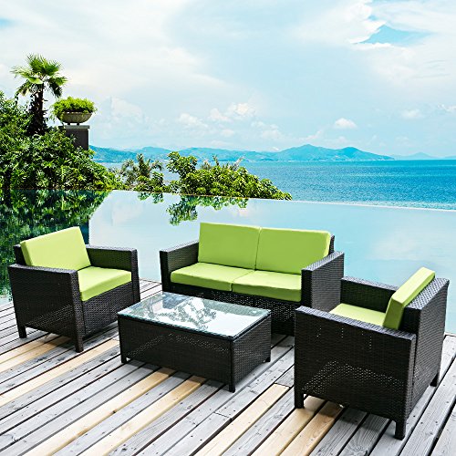 Merax. 4 PC Outdoor Rattan Patio Furniture Set PE Rattan Wicker Sofa Set Garden Lawn Sofa with Cushions (Green)