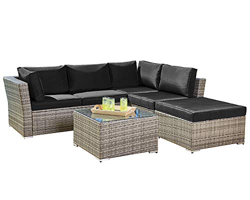 Suncrown Outdoor Furniture Sectional Sofa (4-Piece Set) All-Weather Grey Checkered Wicker with Black Washable Seat Cushions & Glass Coffee Table | Patio, Backyard, Pool | Waterproof Cover & Clips