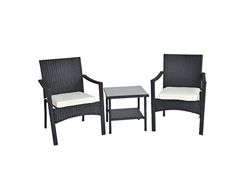 Outdoor/Indoor Rattan Patio Furniture Cushioned Conversation Chair & Table Sets-Easy Assembled(Black,3 Piece)