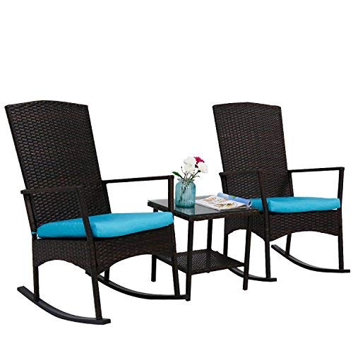 Kinbor 3PCS Outdoor Rattan Rocker Chair Side Tea Table Set Garden Rocking Wicker Lounge w/Removable Blue Cushion