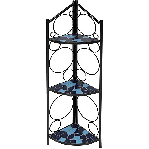 Sunnydaze 3-Tier Folding Mosaic Plant Stand, Indoor/Outdoor Metal Corner Flower Pot Shelf, 44 Inch Tall, Blue