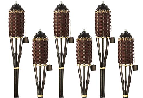 5 Star North Brown Weave Bamboo Torches; Decorative Tiki-Style Torches Fiberglass Wicks; Extra-Large (16oz) Metal Canisters Longer Lasting Burn; Stands 59″ Tall (6 Pack)