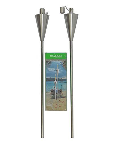 Patio Torch – 2 Pack – Outdoor Garden Oil Lamp Lanterns with Decorative Stainless Steel Canister and Stand Stake – 45 Inches Tall Each – Thick, 7.5″ Long Lasting Fiberglass Wick – Includes 2 Torches