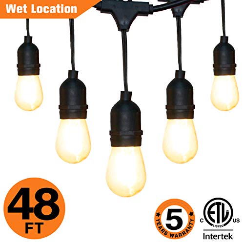 OOOLED 48-Foot Outdoor Weatherproof Commercial Grade String Lights with 16 Hanging Sockets- 18 LED Bulbs 1W S14 Incandescent Bulbs Included-Perfect Patio Lights & Party Lights-Black LED String Light