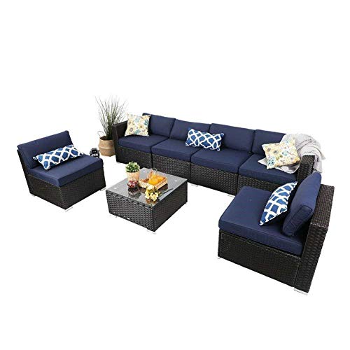 PHI VILLA Outdoor Rattan Sectional Sofa- Patio Wicker Furniture Set (7-Piece, Blue)