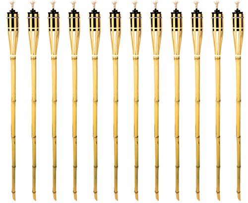 Kaya Collection Bamboo Torches – 12 Pack – Metal Oil Canister – Reinforced with Metal Ring – 4 ft High, 6oz. Capacity – Sharp Speared Bottom