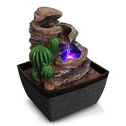 SereneLife 3-Tier Desktop Electric Water Fountain Decor w/ LED – Indoor Outdoor Portable Tabletop Decorative Zen Meditation Waterfall Kit Includes Submersible Pump & 12V Power Adapter