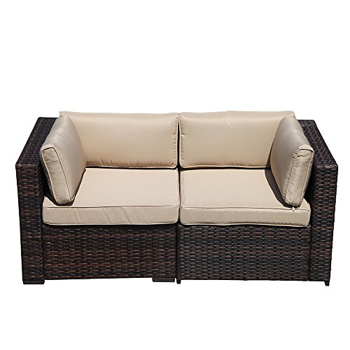 Super Patio Loveseat, 2 Piece Outdoor Furniture Set, All Weather Wicker Corner Sofas Love Seat Thick Beige Cushions, Steel Frame, Brown