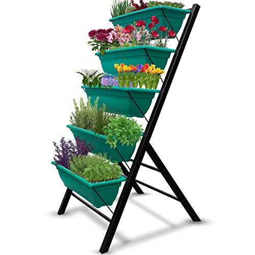 4-Ft Raised Garden Bed – Vertical Garden Freestanding Elevated Planter with 5 Container Boxes – Good for Patio or Balcony Indoor and Outdoor – Cascading Water Drainage to Grow Vegetables Herbs Flowers