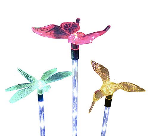 Solarmks S-1806, 3 Pack Multi-Color Changing Outdoor Solar Decorative White LED Stake Light for Garden, Patio, Backyard (Butterfly,Hummingbird,Dragonfly)