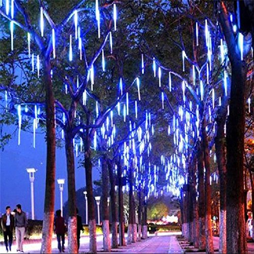 LED Meteor Shower Rain Lights ,Outdoor String Lights, Waterproof Garden Lights 30cm 8 Tubes 144leds Snow Falling Raindrop Icicle Cascading light for Holiday Wedding Xmas Tree Decor Blue Color