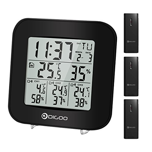 DIGOO 3 Channels Digital In&Outdoor Hygrometer Thermometer Sensor With Alarm Clock, Black